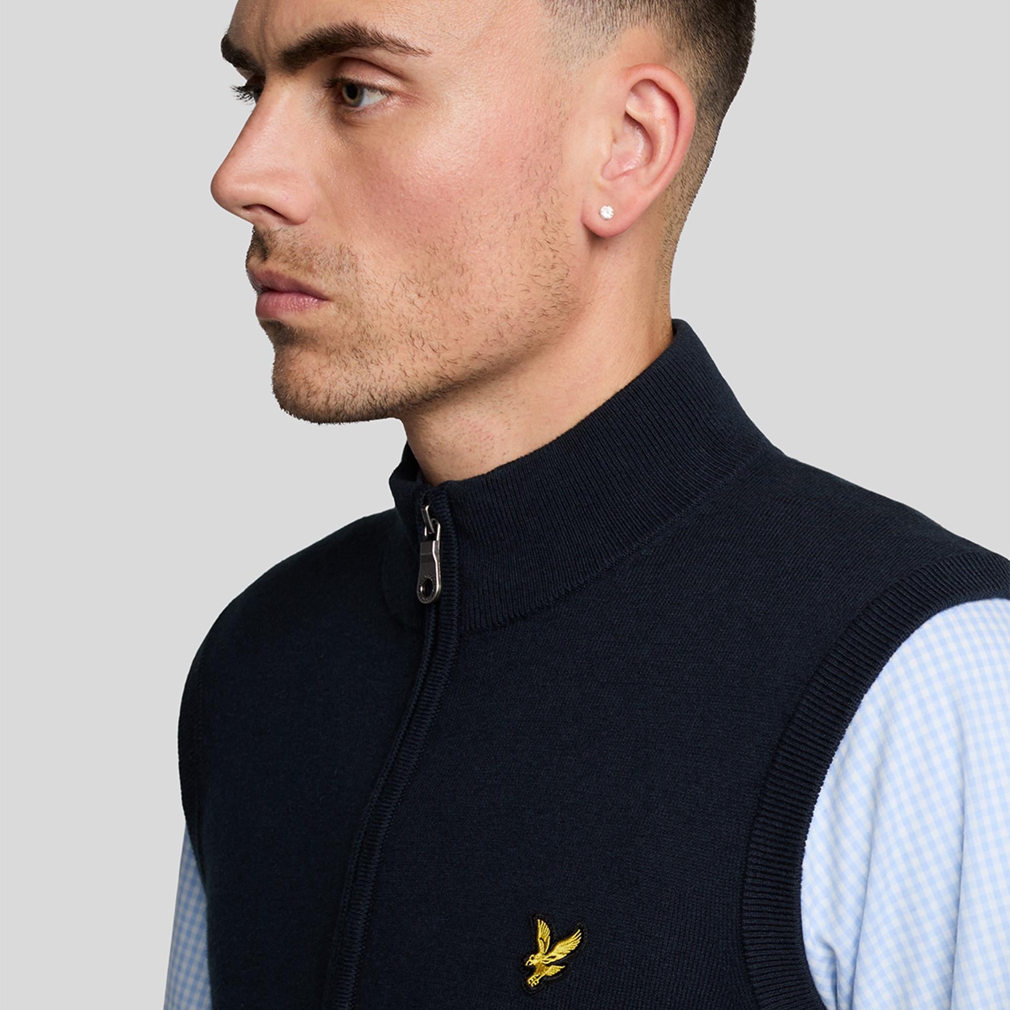 Lyle & Scott Cotton Merino Full Zip Knitted Vest Dark Navy